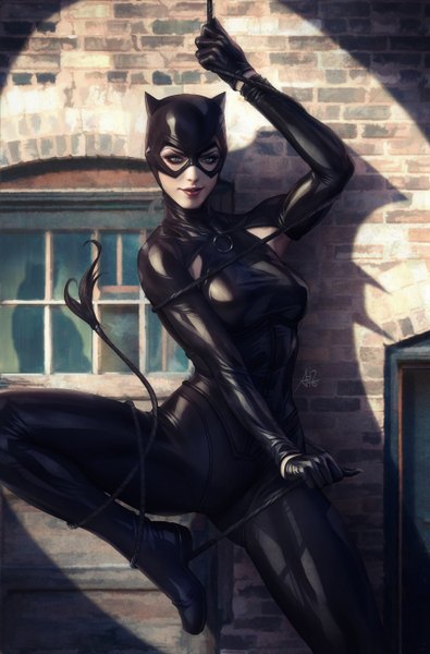 Anime picture 856x1300 with batman dc comics cat woman artgerm (stanley lau) single tall image looking at viewer green eyes signed bent knee (knees) outdoors light smile lips realistic lipstick light red lipstick silhouette brick wall skin tight