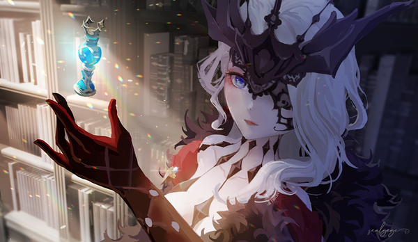 Anime picture 999x579 with genshin impact signora (genshin impact) sealgege single long hair blue eyes wide image looking away cleavage white hair indoors gnosis (genshin impact) girl gloves elbow gloves book (books) mask library multicolored gloves