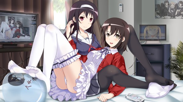 Anime picture 1920x1080 with saenai heroine no sodatekata a-1 pictures kasumigaoka utaha katou megumi edogawakid long hair highres short hair light erotic black hair red eyes wide image multiple girls brown eyes pantyshot girl thighhighs dress uniform underwear