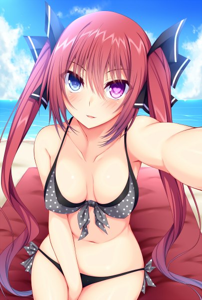 Anime picture 810x1200 with original suterii single long hair tall image looking at viewer blush breasts light erotic twintails cleavage red hair heterochromia outstretched arm symbol-shaped pupils heart-shaped pupils self shot between thighs girl navel