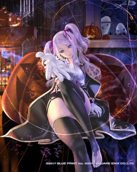 Anime picture 800x1000 with venus rumble freja sumomo kpa single long hair tall image looking at viewer blue eyes light erotic sitting purple hair head tilt official art two side up halloween outstretched hand girl thighhighs gloves ribbon (ribbons)