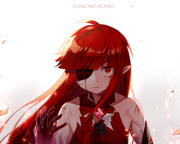 Anime picture 1024x819 with elsword rosso (elsword) sal single long hair looking at viewer simple background red eyes bare shoulders upper body red hair copyright name character names injury bleeding blood eyepatch