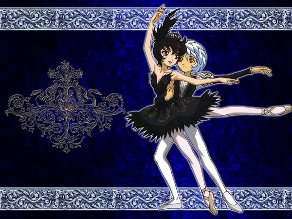Аниме картинка 1024x768 с принцесса тютю rue kuroha princess kraehe mytho короткие волосы открытый рот улыбка красные глаза каштановые волосы голые плечи белые волосы объятие танцует балет девушка мужчина перо (перья) тиара