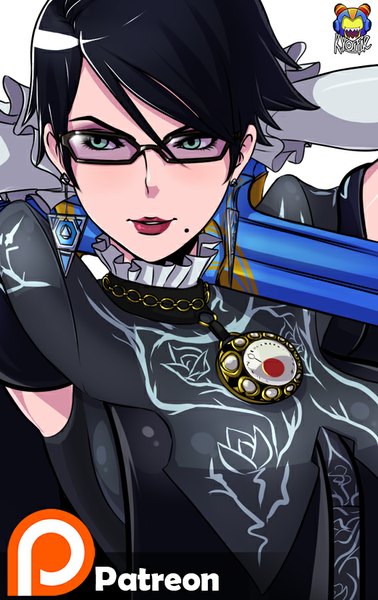 Anime picture 567x900 with bayonetta bayonetta (character) kyoffie12 single tall image short hair black hair simple background white background green eyes looking away lips mole mole under mouth girl earrings glasses clothes