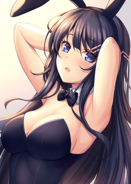 Anime picture 653x910 with seishun buta yarou cloverworks sakurajima mai tiphereth single long hair tall image looking at viewer blush fringe breasts open mouth blue eyes light erotic black hair simple background hair between eyes large breasts animal ears payot