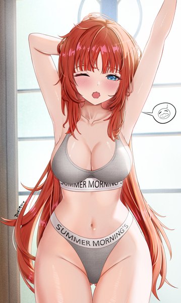 Anime picture 2694x4508 with genshin impact nilou (genshin impact) dokimaru single long hair tall image looking at viewer blush fringe highres breasts open mouth blue eyes light erotic large breasts standing signed red hair blunt bangs one eye closed