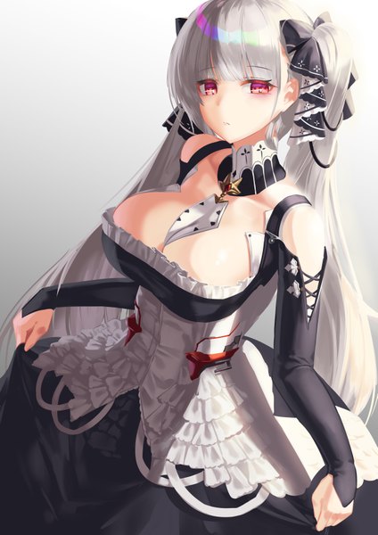 Anime picture 2481x3508 with azur lane formidable (azur lane) moros single long hair tall image fringe highres breasts light erotic simple background red eyes large breasts standing twintails bare shoulders cleavage blunt bangs grey hair gradient background