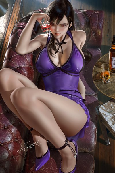 Anime picture 2339x3508 with final fantasy final fantasy vii square enix tifa lockhart zumi (zumidraws) single long hair tall image looking at viewer blush fringe highres breasts light erotic black hair hair between eyes red eyes large breasts bare shoulders holding