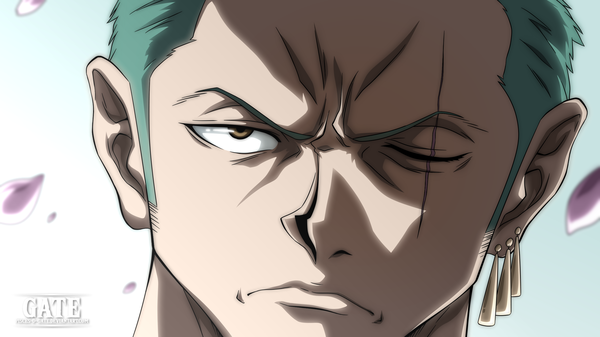 Anime picture 2560x1440 with one piece toei animation roronoa zoro pisces-d-gate single looking at viewer highres short hair wide image brown eyes signed one eye closed green hair piercing coloring ear piercing scar shaded face face boy