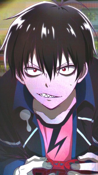 Anime picture 1080x1920 with blood lad brains base (studio) charlie blood staz single tall image looking at viewer short hair open mouth black hair red eyes open clothes open jacket teeth sweat sharp teeth boy jacket controller gamepad