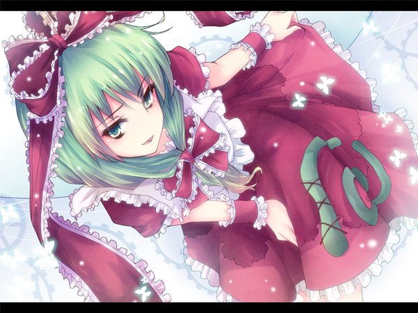 Anime picture 1148x861 with touhou kagiyama hina mokoppe single long hair looking at viewer blush open mouth green eyes green hair letterboxed girl dress bow hair bow insect butterfly red dress