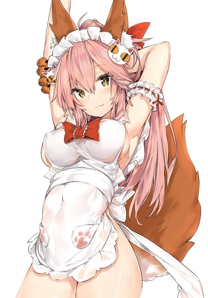 Anime picture 900x1290 with fate (series) fate/grand order fate/extra tamamo (fate) (all) tamamo cat (fate) silver (chenwen) single long hair tall image looking at viewer blush fringe breasts light erotic simple background hair between eyes large breasts standing white background animal ears