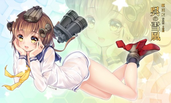 Anime picture 1358x820 with kantai collection yukikaze destroyer paint musume single looking at viewer blush short hair open mouth light erotic brown hair wide image yellow eyes zoom layer girl hair ornament boots sailor suit