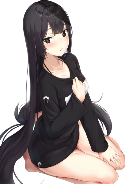 Anime picture 817x1200 with original reinama single tall image looking at viewer blush fringe breasts light erotic black hair simple background hair between eyes large breasts white background sitting long sleeves very long hair parted lips black eyes seiza