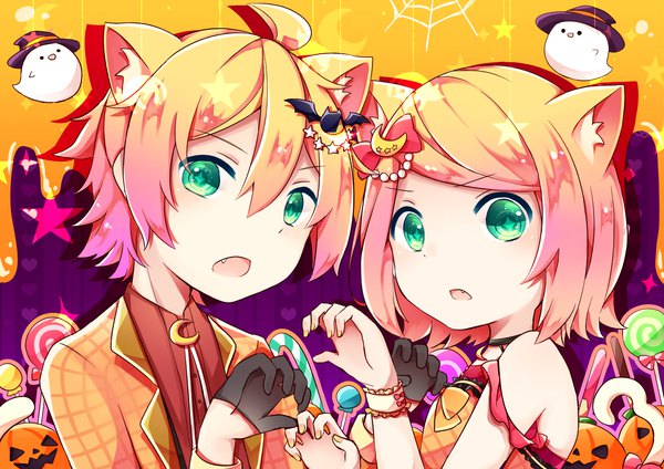 Anime picture 1637x1158 with vocaloid kagamine rin kagamine len sazanami (ripple1996) looking at viewer fringe short hair open mouth blonde hair hair between eyes green eyes animal ears upper body ahoge fang (fangs) halloween siblings twins ghost brother and sister