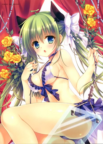 Anime picture 2880x4000 with melonbooks melon-chan tatekawa mako single long hair tall image blush highres breasts open mouth blue eyes light erotic twintails animal ears green hair cat ears scan cat girl girl flower (flowers)