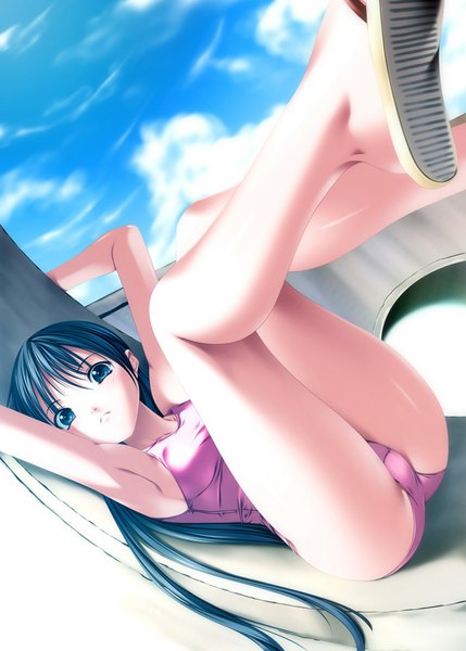 Anime picture 679x950 with original rezi single long hair tall image looking at viewer blue eyes light erotic blue hair sky bare legs girl swimsuit