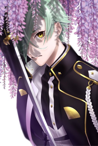 Anime picture 1378x2039 with touken ranbu nitroplus hizamaru (touken ranbu) shiyon (shiyon44 me) single tall image looking at viewer fringe short hair white background yellow eyes upper body parted lips green hair hair over one eye shaded face boy uniform weapon plant (plants)