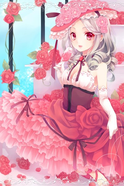 Anime picture 1150x1724 with original kuroi (liar-player) single long hair tall image looking at viewer blush sitting bare shoulders pink eyes grey hair drill hair girl dress gloves flower (flowers) hat elbow gloves white gloves rose (roses)
