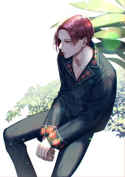 Anime picture 600x847 with original kurayoshi samu (sum) single tall image short hair sitting looking away bent knee (knees) red hair parted lips profile grey eyes lens flare floral print scar boy plant (plants) earrings shirt stud earrings