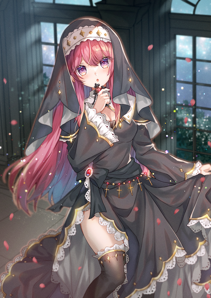 Anime picture 1000x1412 with original shione (memento forest) single long hair tall image looking at viewer blush fringe hair between eyes purple eyes holding red hair :o nun girl thighhighs black thighhighs petals frills window