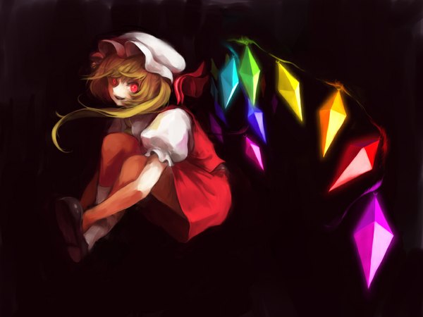 Anime picture 1000x750 with touhou flandre scarlet tetsuko (pixiv) single short hair blonde hair red eyes brown background girl dress wings bonnet crystal