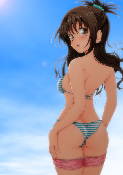 Anime picture 2480x3508 with toloveru xebec yuuki mikan nanashi noiji single long hair tall image blush highres open mouth light erotic black hair bare shoulders brown eyes sky ass looking back from behind girl swimsuit