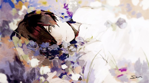 Anime picture 2000x1117 with original parel (artist) single looking at viewer fringe highres short hair brown hair wide image signed lying blurry hair over one eye on back grey eyes boy flower (flowers)