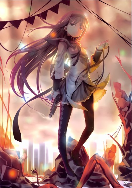 Anime picture 2105x3000 with mahou shoujo madoka magica shaft (studio) akemi homura mikazuki akira single long hair tall image looking at viewer highres purple eyes purple hair scan ruins girl dress ribbon (ribbons) weapon hairband gun