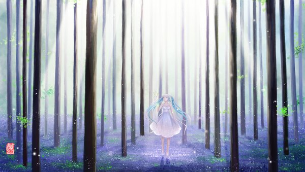Anime picture 1700x963 with vocaloid hatsune miku sanaa single long hair blue eyes wide image twintails bare shoulders blue hair looking away bare belly shadow walking girl dress plant (plants) animal tree (trees) white dress