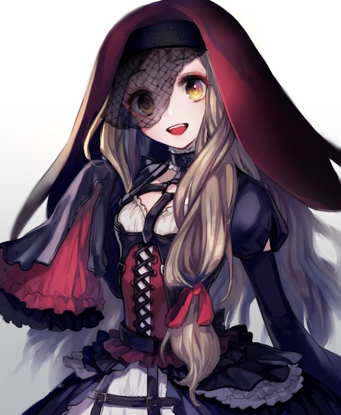 Anime picture 802x975 with sinoalice little red riding hood (sinoalice) 723 (chulchul) single long hair tall image looking at viewer open mouth simple background blonde hair smile standing white background yellow eyes long sleeves :d wide sleeves puffy sleeves frilled dress lacing