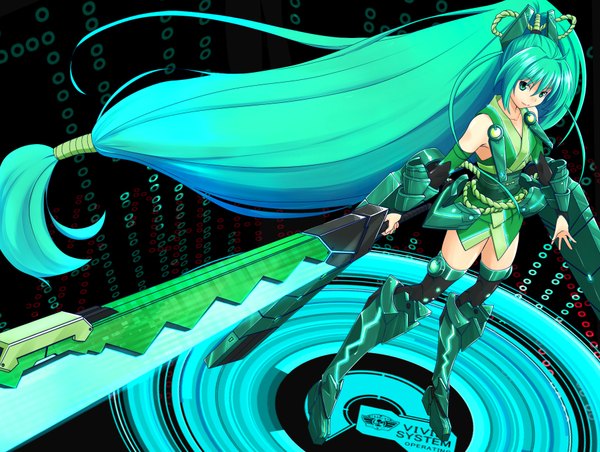 Anime picture 1830x1380 with vividred operation vivid green tr-6 single looking at viewer highres very long hair aqua eyes aqua hair girl thighhighs uniform hair ornament weapon sword boots thigh boots huge weapon