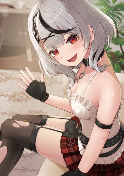Anime picture 2894x4093 with virtual youtuber hololive sakamata chloe sakamata chloe (1st costume) akuame (ring3922) single tall image looking at viewer blush fringe highres short hair breasts open mouth light erotic smile red eyes large breasts sitting bare shoulders