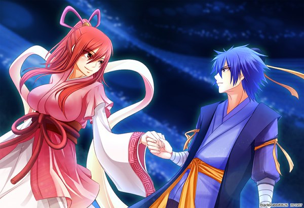 Anime picture 1100x755 with fairy tail erza scarlet jellal fernandes blackrabbit0626 long hair blush short hair breasts blue eyes red eyes large breasts blue hair ponytail red hair traditional clothes japanese clothes light smile couple holding hands girl