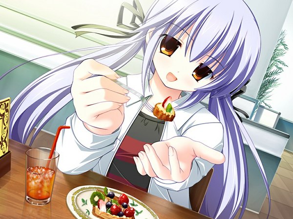Anime picture 1024x768 with love delation! tachibana mimi long hair twintails blue hair game cg orange eyes girl food