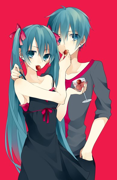 Anime picture 968x1491 with vocaloid hatsune miku hatsune mikuo chisumi long hair tall image looking at viewer short hair blue eyes simple background twintails bare shoulders blue hair pink background hand in pocket girl dress boy ribbon (ribbons) hair ribbon