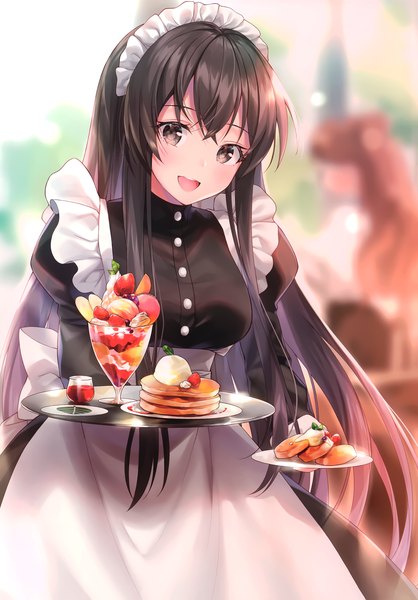 Anime picture 2447x3513 with original kagachi saku long hair tall image looking at viewer blush fringe highres breasts open mouth smile brown hair standing multiple girls holding brown eyes :d blurry scan maid