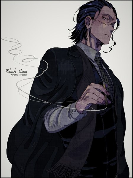 Anime picture 600x800 with one piece toei animation sir crocodile nekodou (yukatin1000) single tall image short hair black hair simple background holding looking away parted lips arm up black eyes scar smoke clothes on shoulders boy shirt necktie