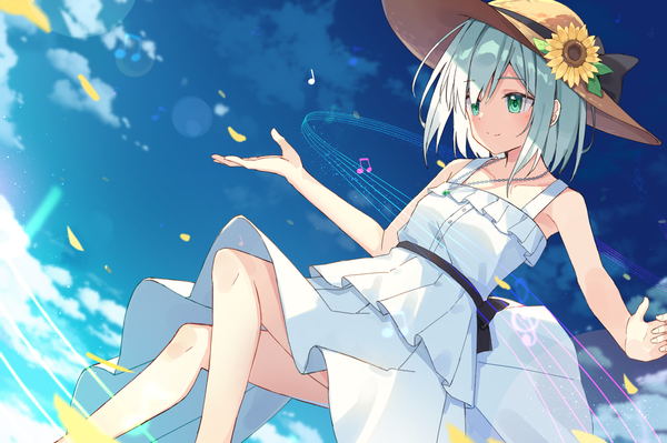 Anime picture 4162x2769 with original zoirun single highres short hair smile green eyes looking away absurdres sky cloud (clouds) outdoors aqua hair bare legs sleeveless lens flare treble clef girl dress hat