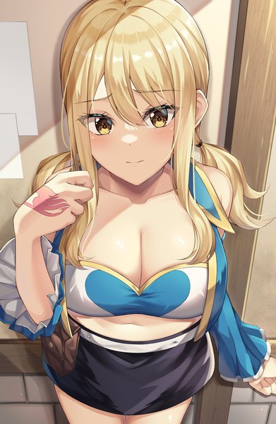 Anime picture 1336x2048 with fairy tail lucy heartfilia amagi korona single long hair tall image looking at viewer blush fringe breasts light erotic blonde hair hair between eyes large breasts standing twintails bare shoulders yellow eyes payot cleavage