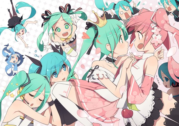 Anime picture 1754x1240 with project diva vocaloid world is mine (vocaloid) yellow (vocaloid) hatsune miku yuki miku sakura miku hachune miku yuki miku (2012) ssberit blush highres open mouth blue eyes twintails bare shoulders blue hair pink hair eyes closed very long hair