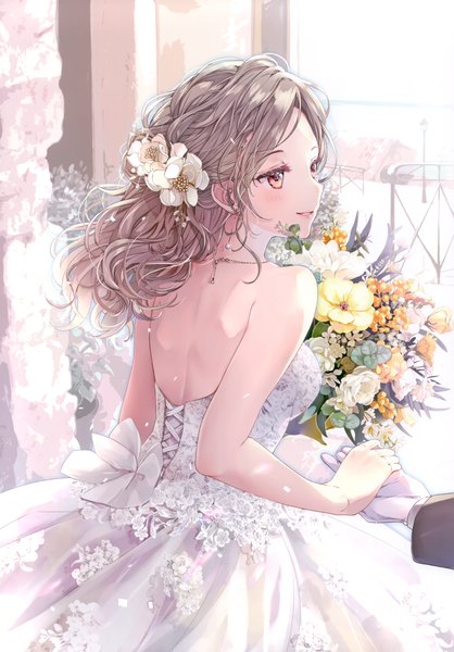 Anime picture 2097x3011 with original puracotte long hair tall image blush highres breasts smile brown hair standing bare shoulders holding signed looking away parted lips profile hair flower scan orange eyes back