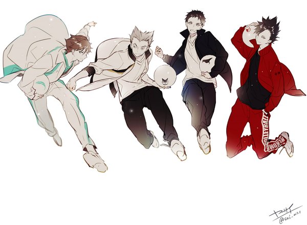 Anime picture 1436x1056 with haikyuu!! production i.g kuroo tetsurou ooikawa tooru bokuto koutarou sawamura daichi yasai (getsu) looking at viewer short hair simple background smile brown hair white background holding yellow eyes grey hair open clothes open jacket multiple boys spread arms