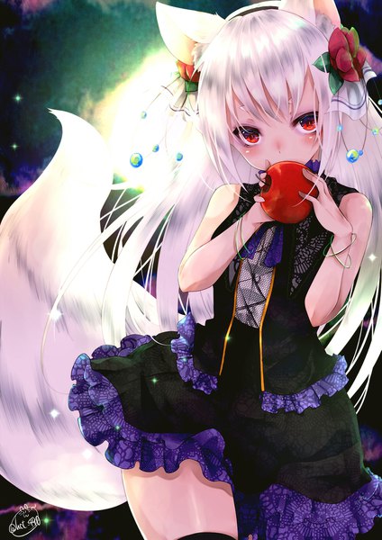Anime picture 1415x2000 with original chita (ketchup) single long hair tall image looking at viewer blush fringe red eyes bare shoulders holding signed animal ears white hair tail animal tail hair flower sleeveless fox ears fox tail