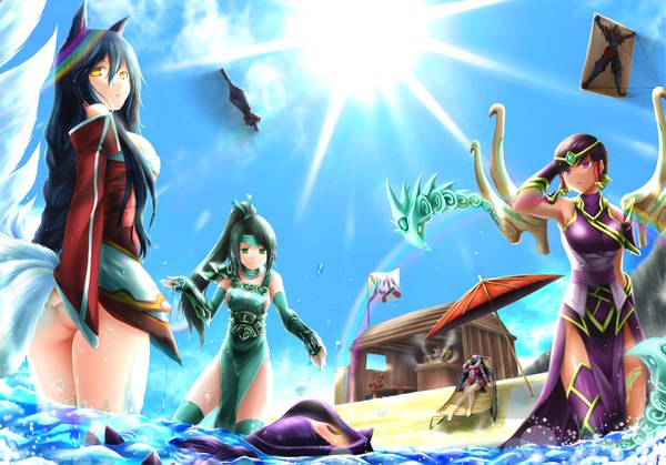 Anime picture 1680x1175 with league of legends ahri (league of legends) akali (league of legends) irelia (league of legends) karma (league of legends) lee sin (league of legends) shen (league of legends) kennen (league of legends) zed (league of legends) udyr (league of legends) makxma long hair short hair breasts light erotic black hair large breasts multiple girls green eyes animal ears