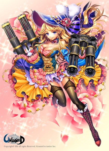 Anime picture 900x1246 with unleashed ells (ellsat) single long hair tall image light erotic blonde hair smile purple eyes bare shoulders holding lipstick dual wielding skull and crossbones girl thighhighs dress gloves flower (flowers) weapon