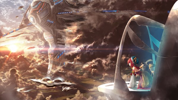 Anime picture 1200x675 with original kouji (astral reverie) wide image cloud (clouds) red hair landscape fantasy hat sun spacecraft