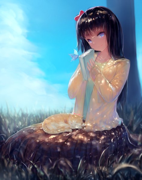 Anime picture 1000x1267 with original kisei2 single long hair tall image looking at viewer fringe blue eyes black hair smile sitting holding sky cloud (clouds) ahoge outdoors long sleeves head tilt sunlight blurry