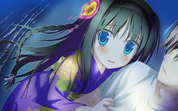 Anime picture 2048x1280 with irotoridori no sekai kisaragi mio (irotoridori no sekai) shida kazuhiro long hair blush highres blue eyes black hair wide image game cg braid (braids) japanese clothes hair flower girl hair ornament hairband kimono