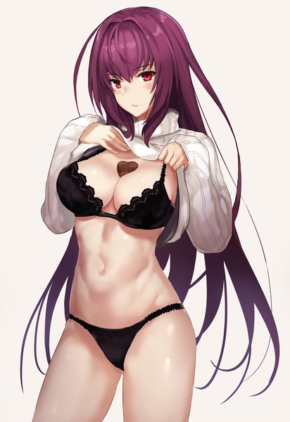 Anime picture 800x1163 with fate (series) fate/grand order scathach (fate) (all) scathach (fate) jilllxlxl single long hair tall image fringe breasts light erotic simple background hair between eyes red eyes large breasts white background looking away purple hair valentine girl
